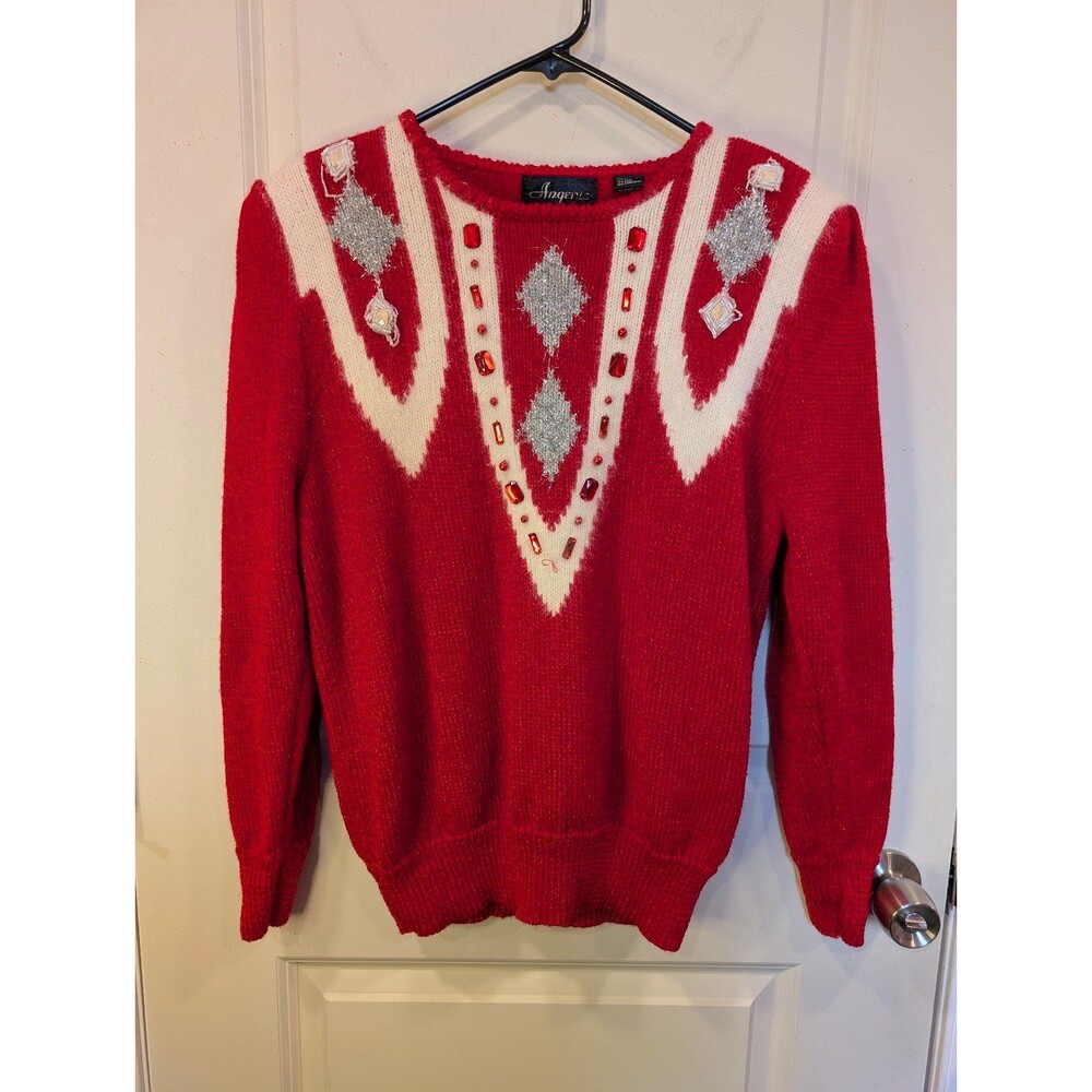 Women's Vintage Angenie Crewneck Embellished Wool Blend Sweater MCM Red L/XL - Picture 2 of 8